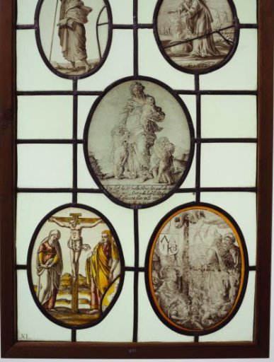 Panel with Divine Love, Christ on the Cross, an evangelist with a spear and Bible, a Jewish priest, and the Brazen Serpent on the Cross with Moses and Aaron