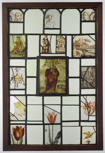Panel with Fifteen Painted Panes Including an Image of Saint Joanna, Birds, and Flowers