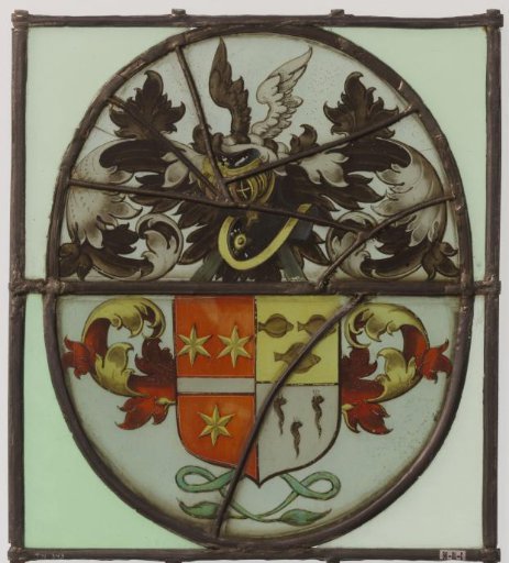 Quartered Shield with Coat of Arms Featuring Three Stars, Three Fish, and Three Seahorses