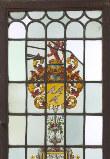 Shield with a coat of arms featuring a red lion as a crest and inscription "Ottho Marienburg Ao 1633"