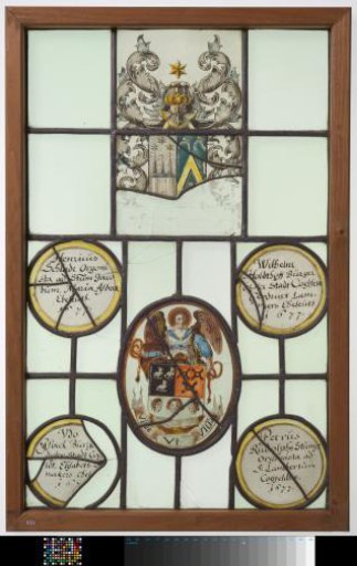 Pane with Coats of Arms Including a Castle with Three Turrets, Three Heads, and Four Round Panels with Text Such as "Henricus, Wilhelm, Petrus and Udo..."
