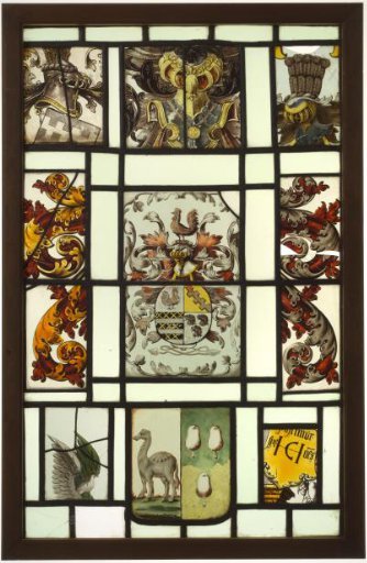 Pane with a Red Rooster as Crest and Shield and Fragments of Coats of Arms