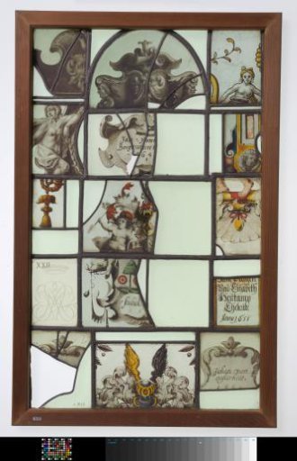 Panel with Fifteen Panes Containing Fragments of Coats of Arms, Ornaments, and Cartouches