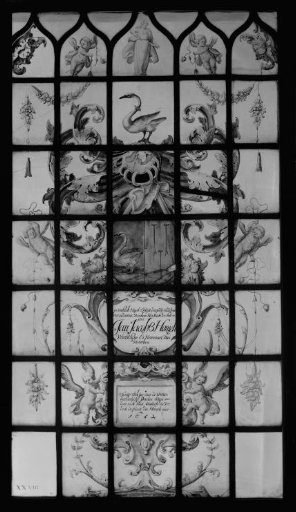 Panel with two cartouches and a coat of arms with a swan as a crest