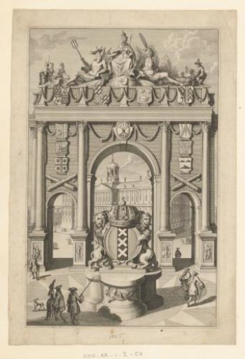 Triumphal arch on the Dam, with coats of arms of several Amsterdam mayors