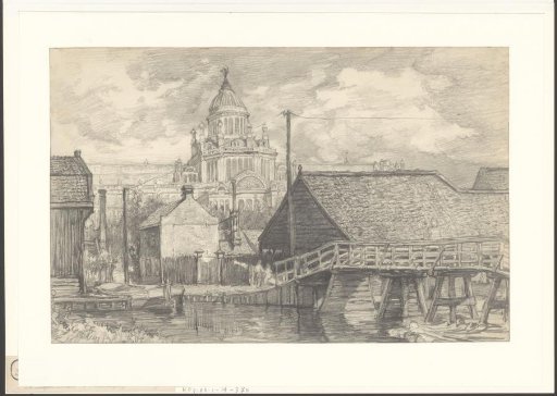View of the Zaagmolensloot near the wood yard of Van Gleder with the Paleis voor Volksvlijt in the background