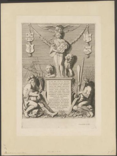 Sculpture group with the Amsterdam Maiden, river gods and inaugural text in the Courtroom of the Town Hall on the Dam