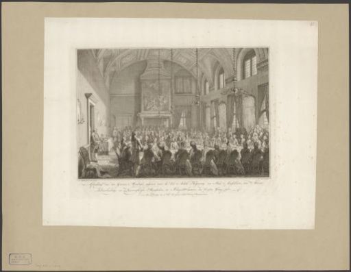 View of the banquet in the Schepenkamer of the Stadhuis op de Dam for Willem V and Wilhelmina of Prussia, 1768