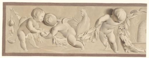 Composition with three putti and a rooster, on the right a laurel wreath and a beehive