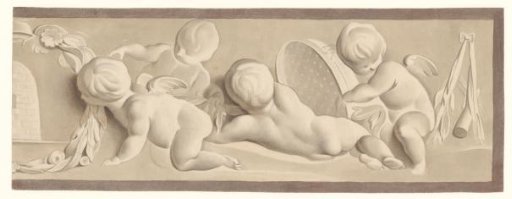 Composition with four putti and a sieve, on the left a laurel wreath and a beehive