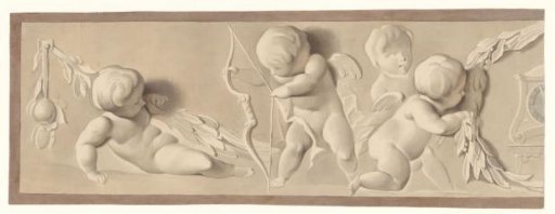 Composition with four putti and an arrow and bow, on the right a laurel wreath and a clock