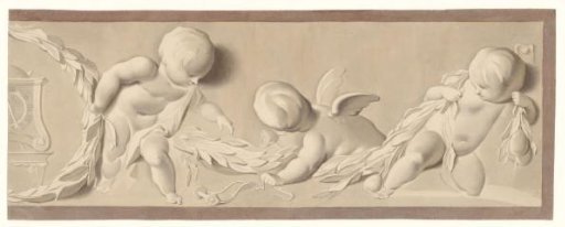 Composition with three putti and a bridle, on the right a laurel wreath and a clock