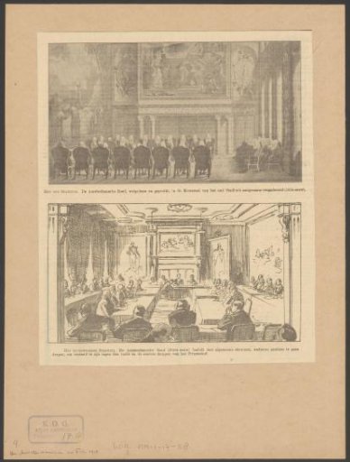 View of the Council Chambers of the old town hall on the Dam and the new town hall at the Prinsenhof