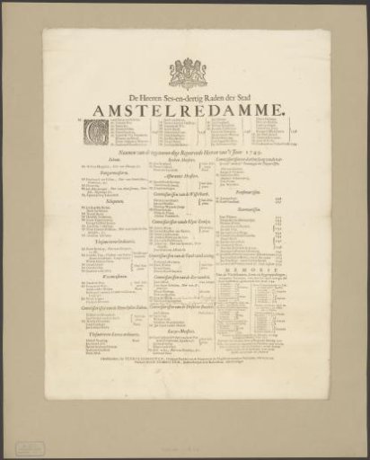 Text sheet with the names of the Amsterdam government in 1749