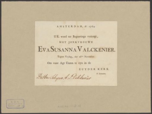 Funeral card of Eva Susanna Valckenier, 16 November 1764