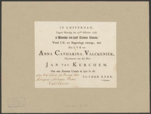 Funeral card of Anna Catharina Valckenier, 27 October 1766
