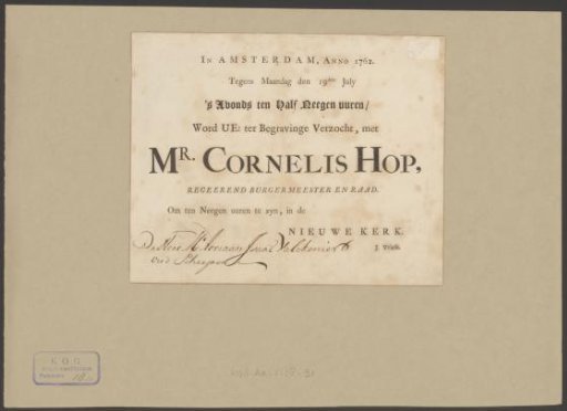 Funeral notice of Cornelis Hop, 19 July 1762