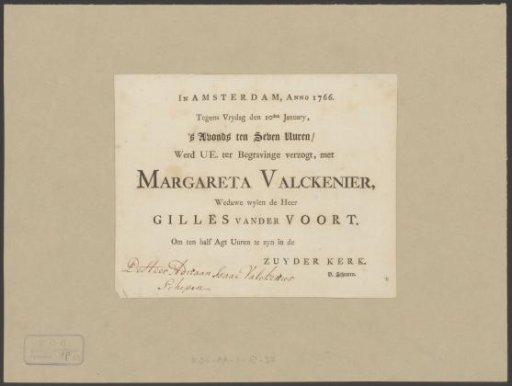 Funeral notice of Margareta Valckenier, 10 January 1766
