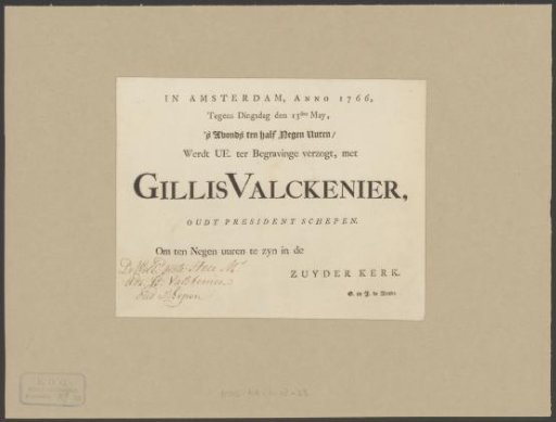Funeral card of Gillis Valckenier, 13 May 1766