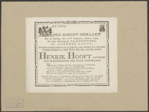 Announcement of the death of Hendrik Danielsz. Hooft