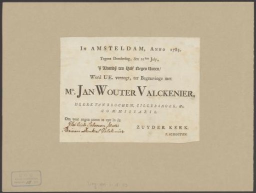 Funeral card of Jan Wouter Valckenier, 21 July 1785