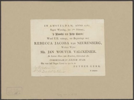 Funeral card of Rebecca Jacoba van Neurenberg, 7 February 1787
