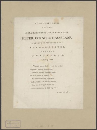 Poem on the installation of Pieter Cornelis Hasselaar as burgomaster