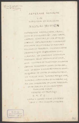 In Memoriam Text by Mayor Nicolaes Witsen