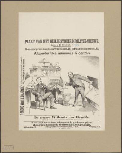 Seated man at a large writing desk in conversation with a man pointing to Amsterdam's empty treasury