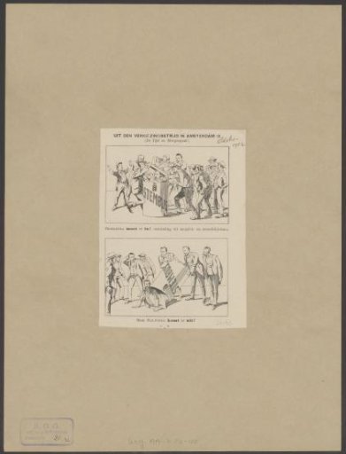 Pieter Jelles Troelstra is stuck in a ballot box, Hendrik Bijleveld crawls out of a ballot box