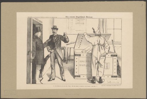 Louis Serrurier and Willem Treub in conversation while Paul Fabius, as a fool, peeps into the municipal treasury