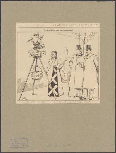 The Maiden of Amsterdam, next to the municipal begging box, looking at alderman Theodorus Heemskerk and minister Pieter Rink