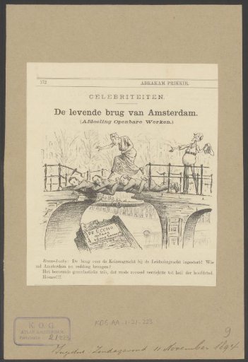 Amsterdam's city maiden crosses the Keizersgracht via a bridge made of three politicians