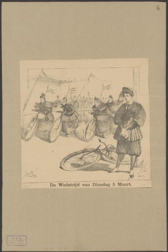 Woman looking at a broken bicycle while other women participate as cyclists in an election race