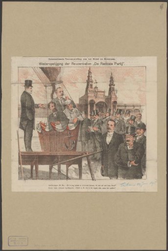 Spectators watching three men in a hot air balloon