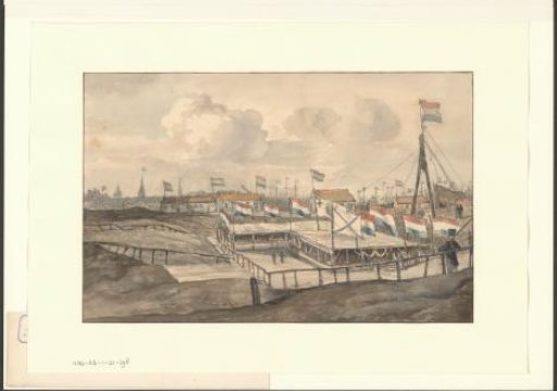 View of a pavilion erected for the laying of the first stone of the Oosterdoksluis