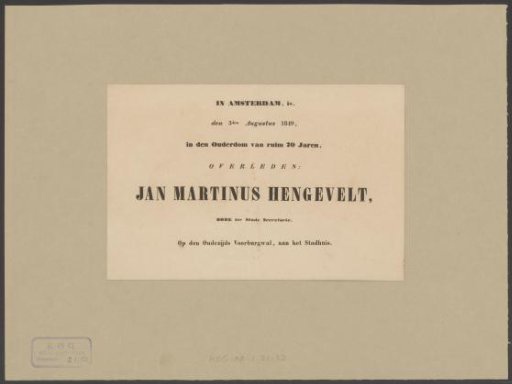 Obituary of Jan Martinus Hengevelt, 3 August 1849