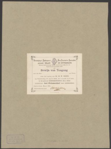 Admission ticket for a lecture by William Robert Veder on April 10, 1902