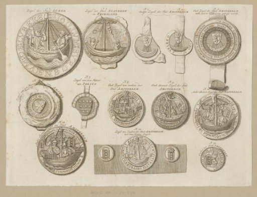 Thirteen seals of various cities and families