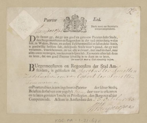 Oath of the Citizen of Jacobus ter Smitten