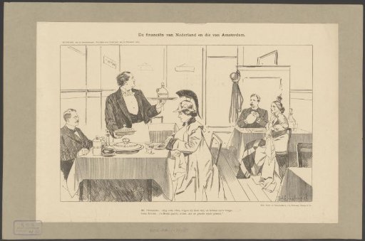 Theodorus Heemskerk in a restaurant with the City Maiden of Amsterdam and Abraham Kuyper as waiter