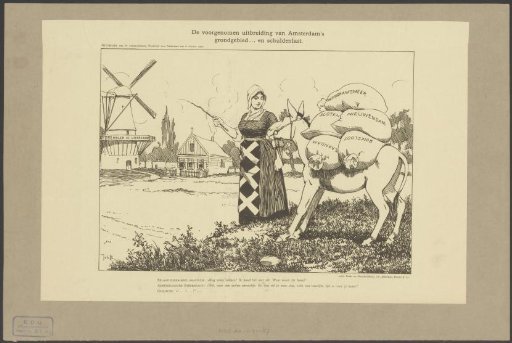 Amsterdam City Maiden pointing a heavily laden donkey towards the mill 'De Uitbreiding'