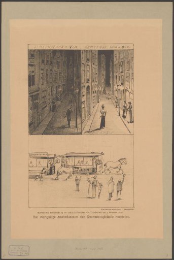 Street with extinguished lanterns, street with lit lanterns, and a race between two horse trams
