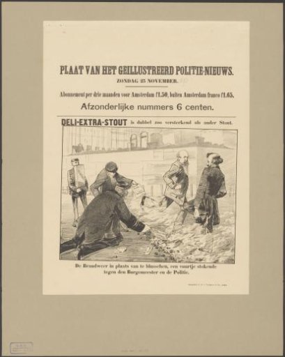 Three men warming the fire against two other men with letters addressed to the Amsterdam city council