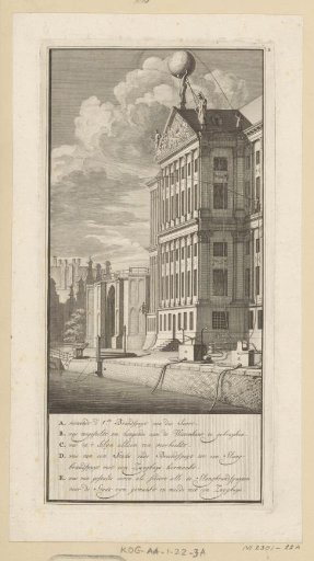 Demonstration of the hose fire engines at the water of the Nieuwezijds Voorburgwal behind the Town Hall, 1672-1673