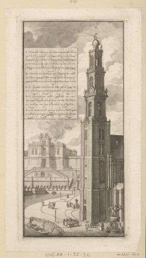 Demonstration of the hose fire engines on the Westertoren in Amsterdam, ca. 1700