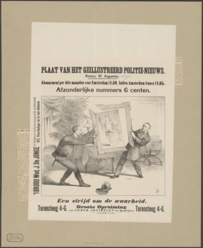 Two men pulling on a framed representation of the personification of Truth