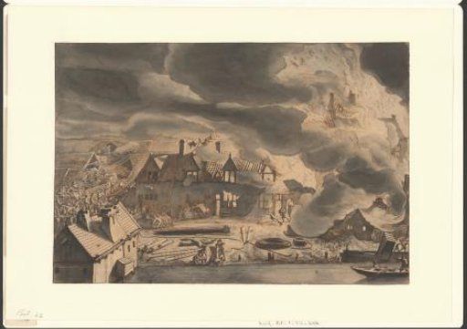 View of the fire on the three linen drying grounds on the Smallepadsgracht