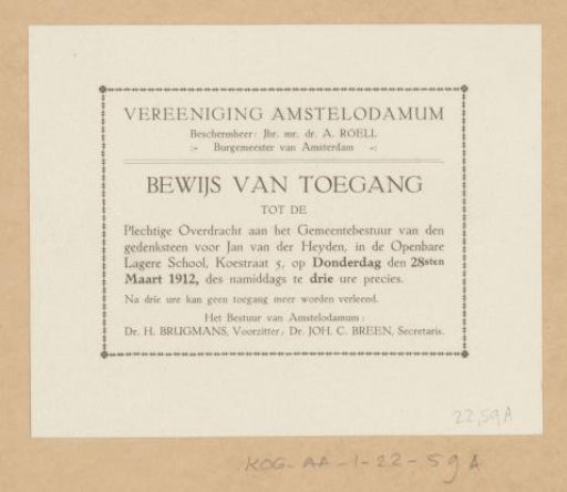 Admission ticket for the transfer of a memorial monument for Jan van der Heyden to the Amsterdam municipal council