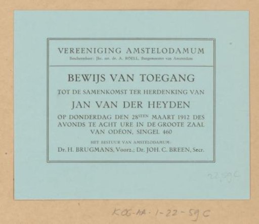Admission ticket for a gathering in memory of Jan van der Heyden